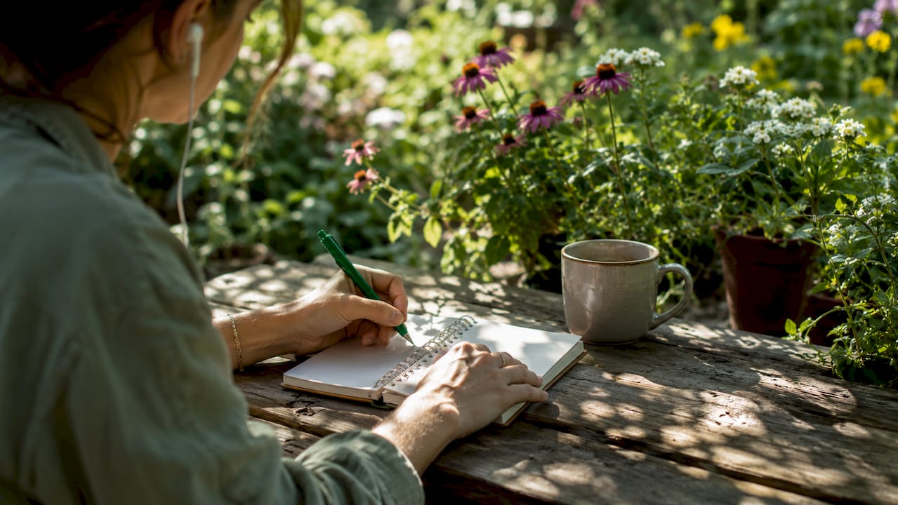 Close-up hands taking gardening podcast notes