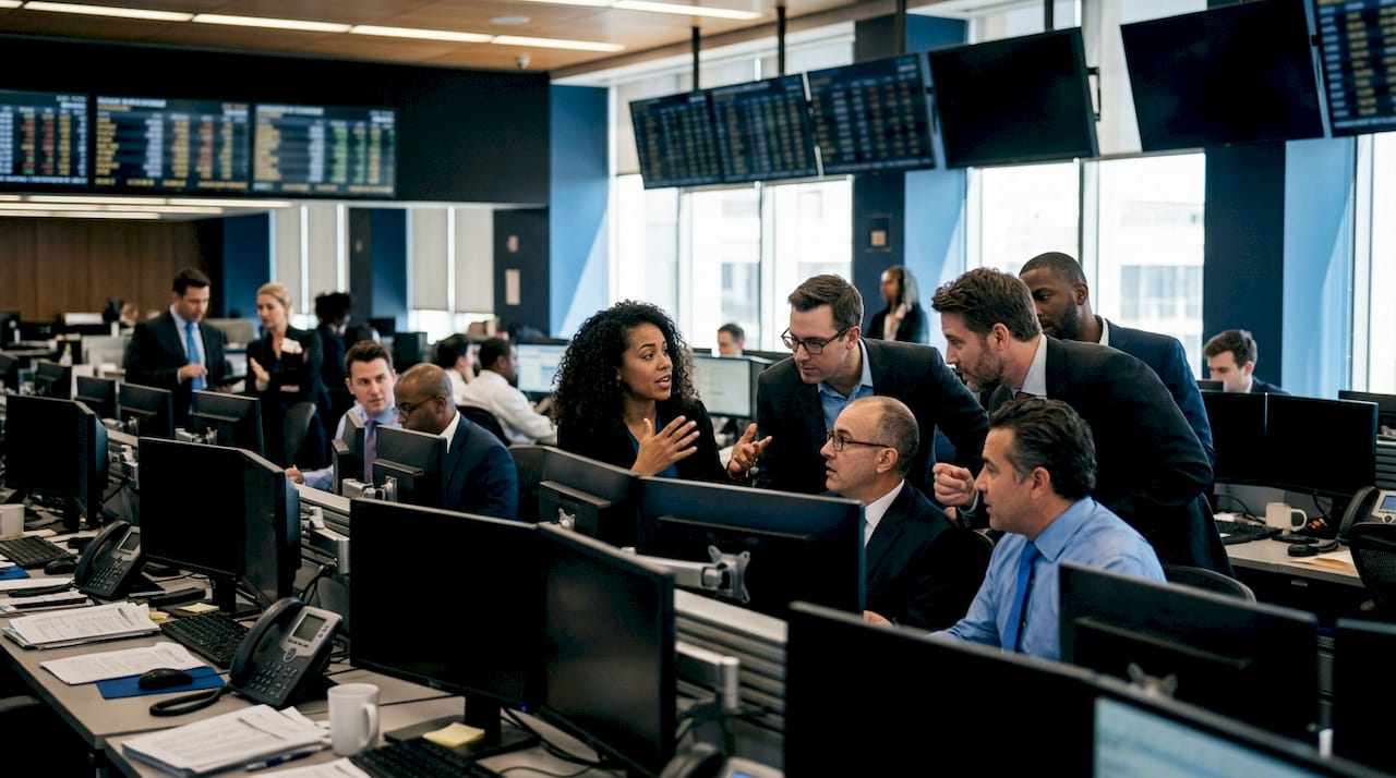 Busy stock exchange trading floor