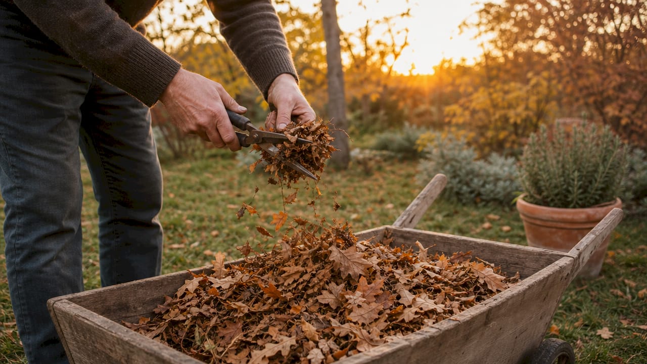 Hands shredding leaves outdoors in autumn