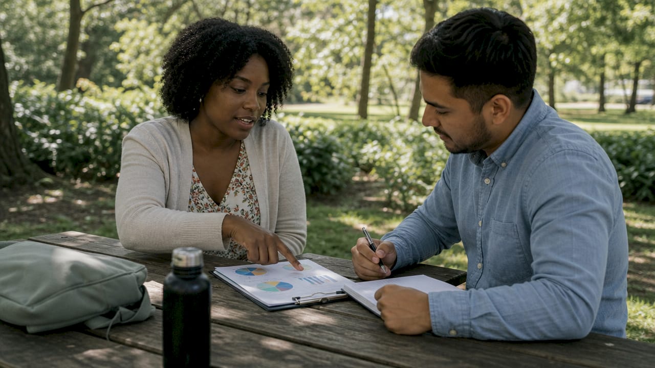 Two people discussing financial charts and goals