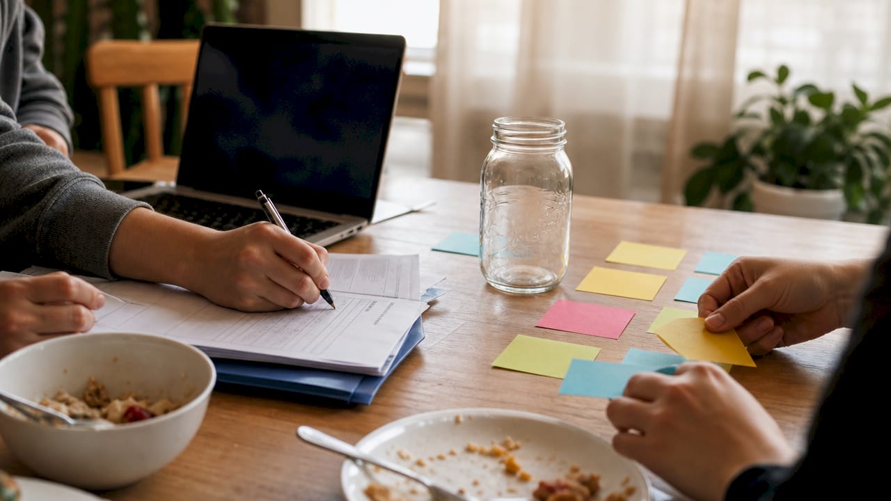 Student hands organizing budget notes and savings jar