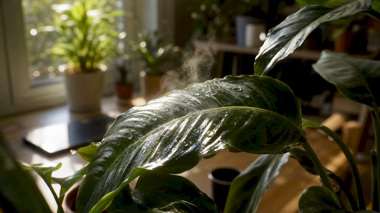 Close-up of plant leaf showing transpiration droplets