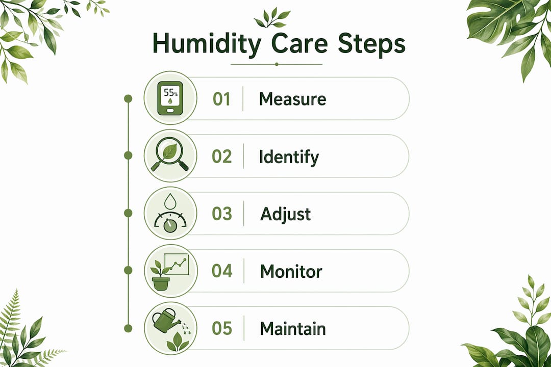 Infographic outlining steps for managing indoor humidity for plants