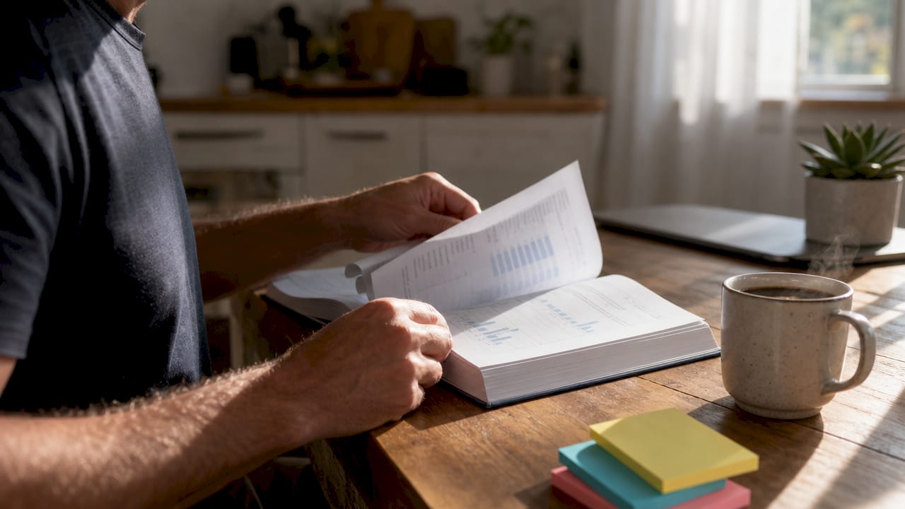 Hands turning investing book pages at cafe table
