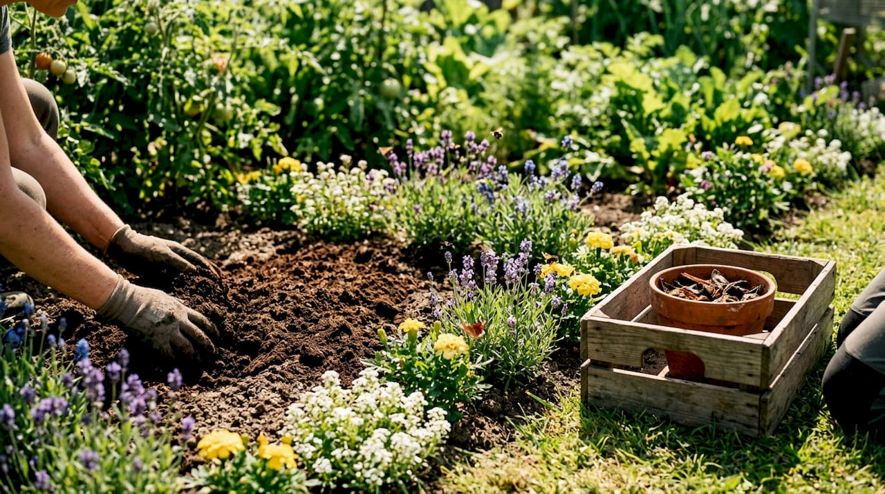 Hands spreading compost over vegetable beds