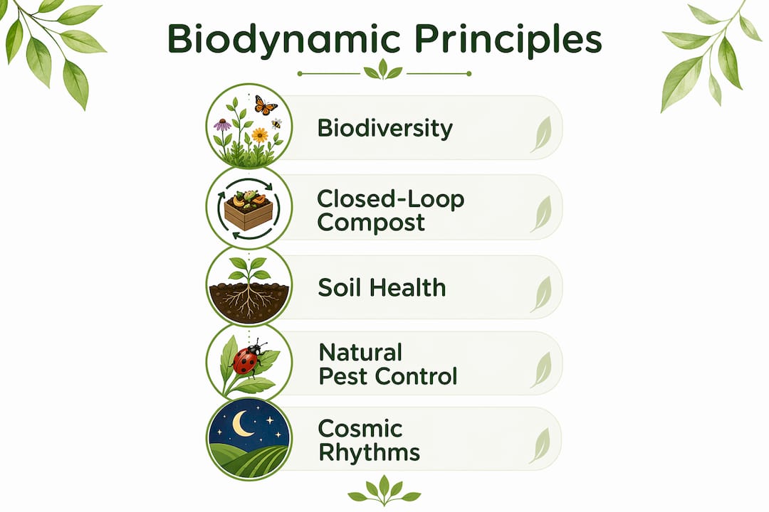Infographic illustrating key principles of biodynamic farming