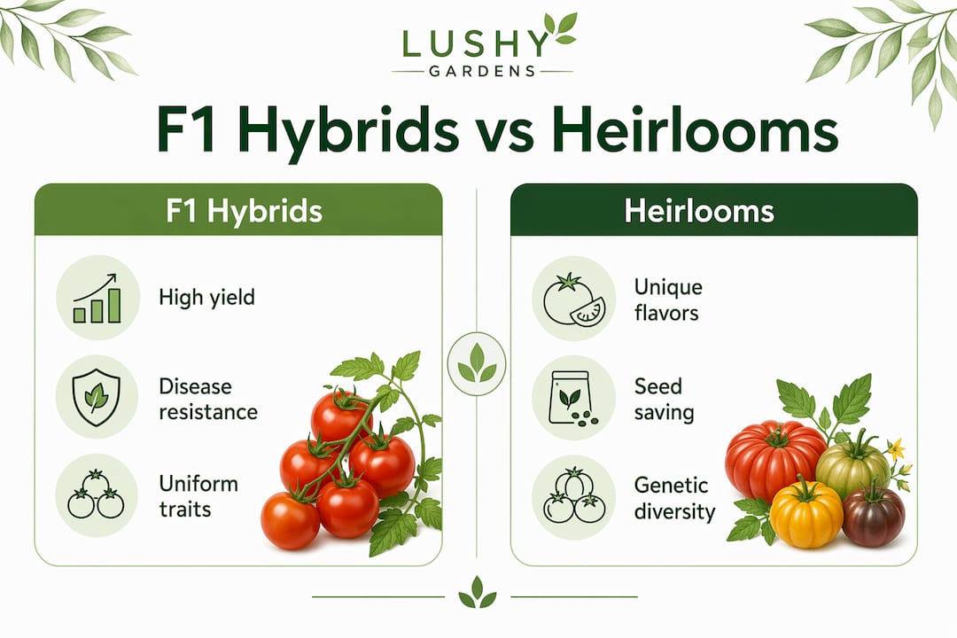 Infographic comparing F1 hybrids and heirloom vegetable benefits