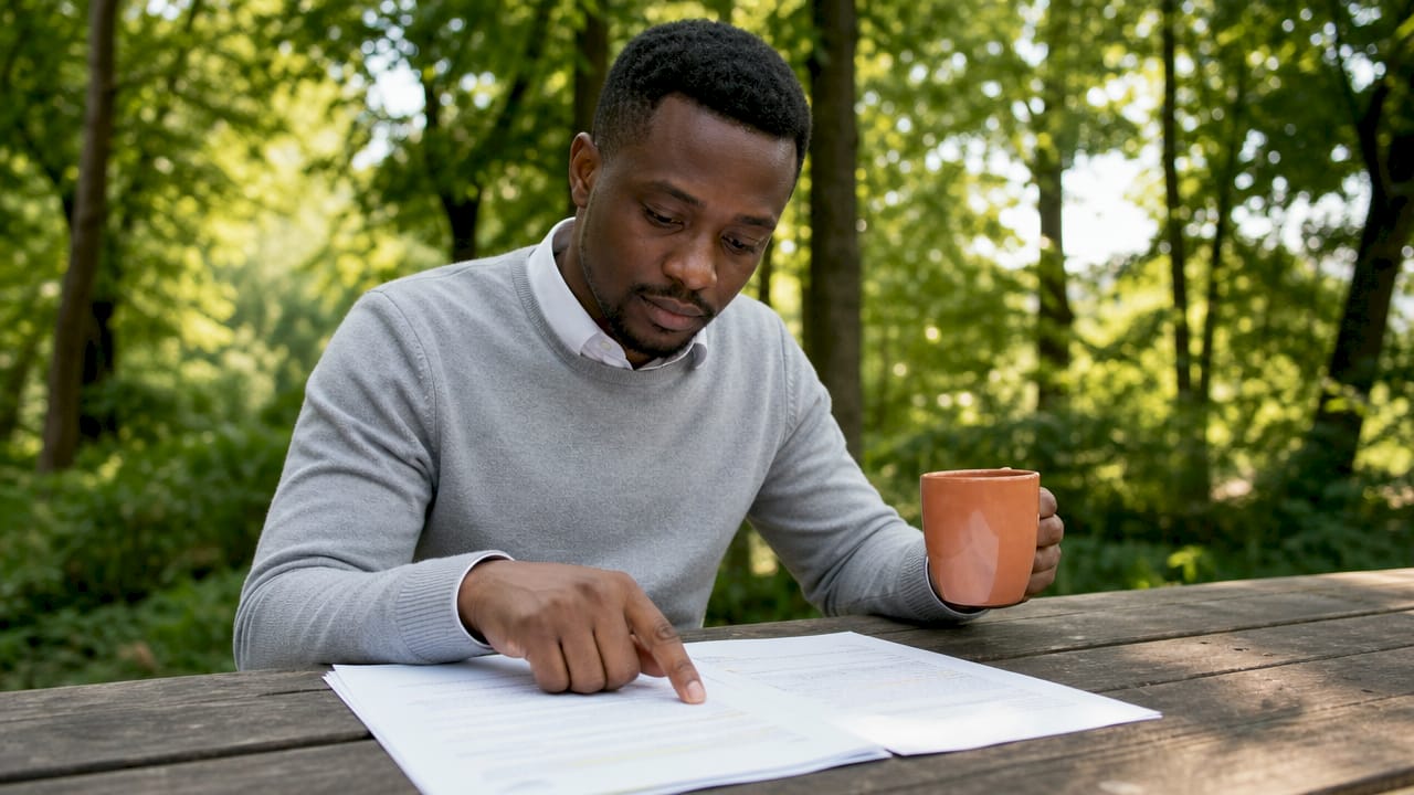 Young Black man reviewing loan papers in coffee shop