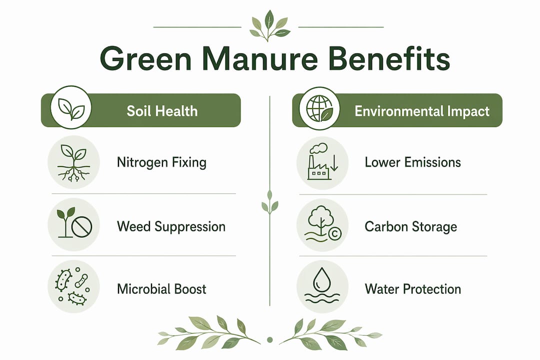 Infographic comparing soil and environmental benefits of green manure