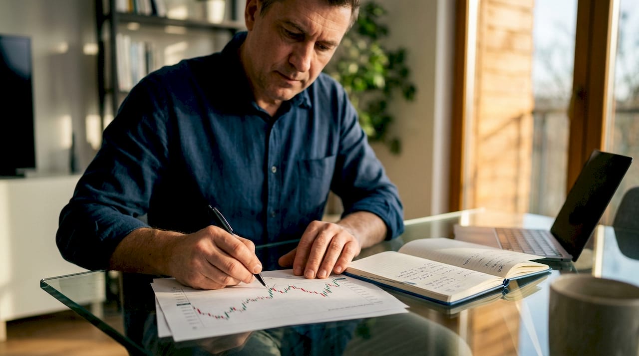 Trader analyzing printed price charts at desk