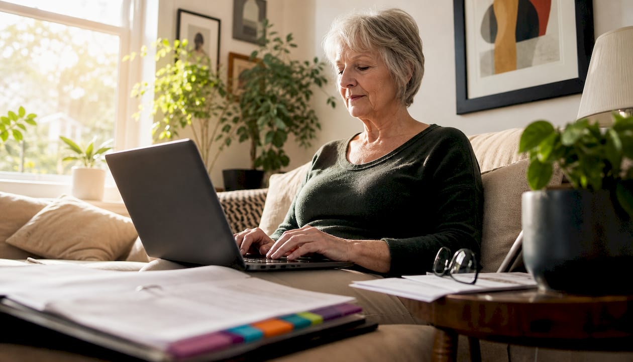Older woman typing at home office desk