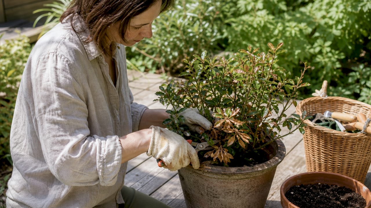Gardener pruning scorched plant leaves on patio