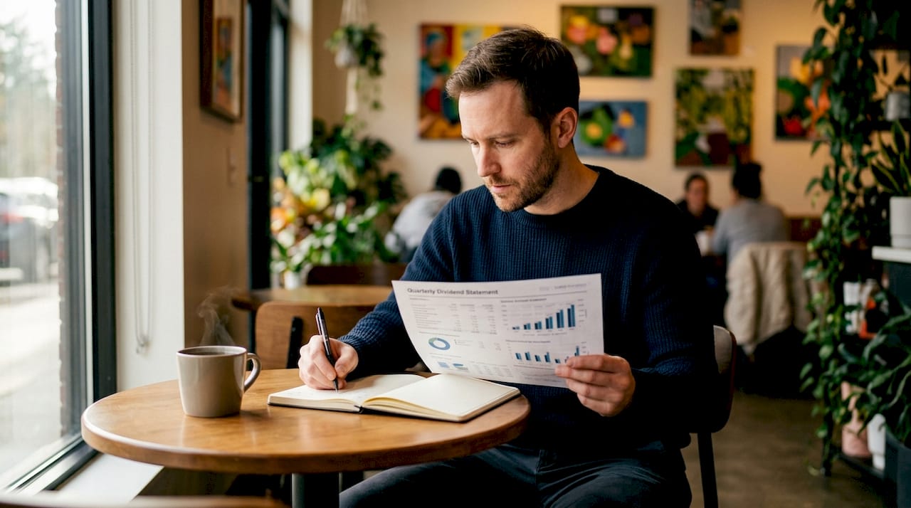 Close-up hands examining dividend statement with pen