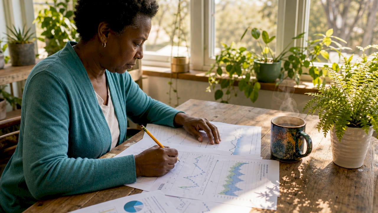 Hands marking utility sector stock charts at kitchen table
