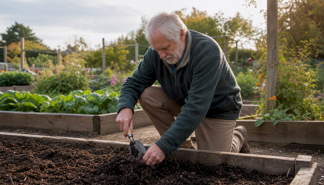 Hands adding compost to garden soil