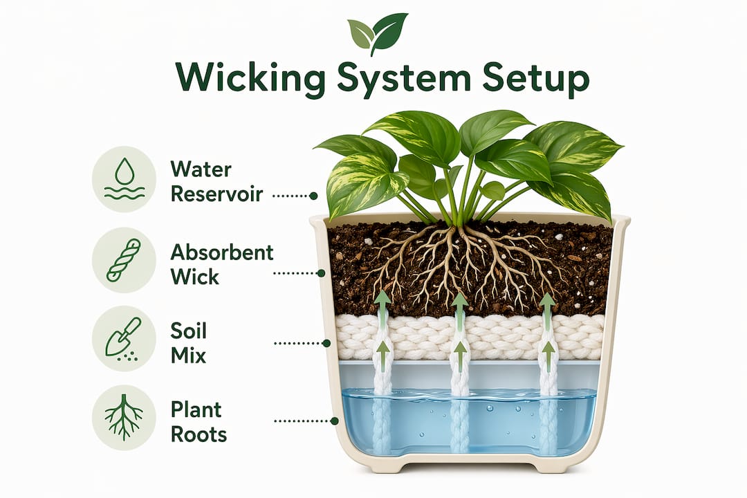 Infographic showing step-by-step wicking system setup