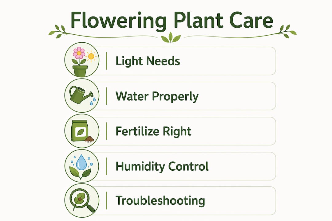 Infographic outlining key flowering houseplant care steps