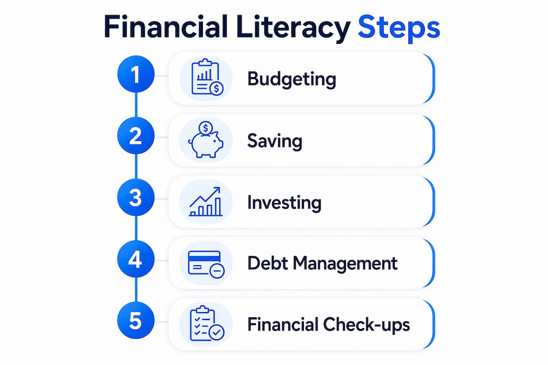 Infographic illustrating financial literacy steps