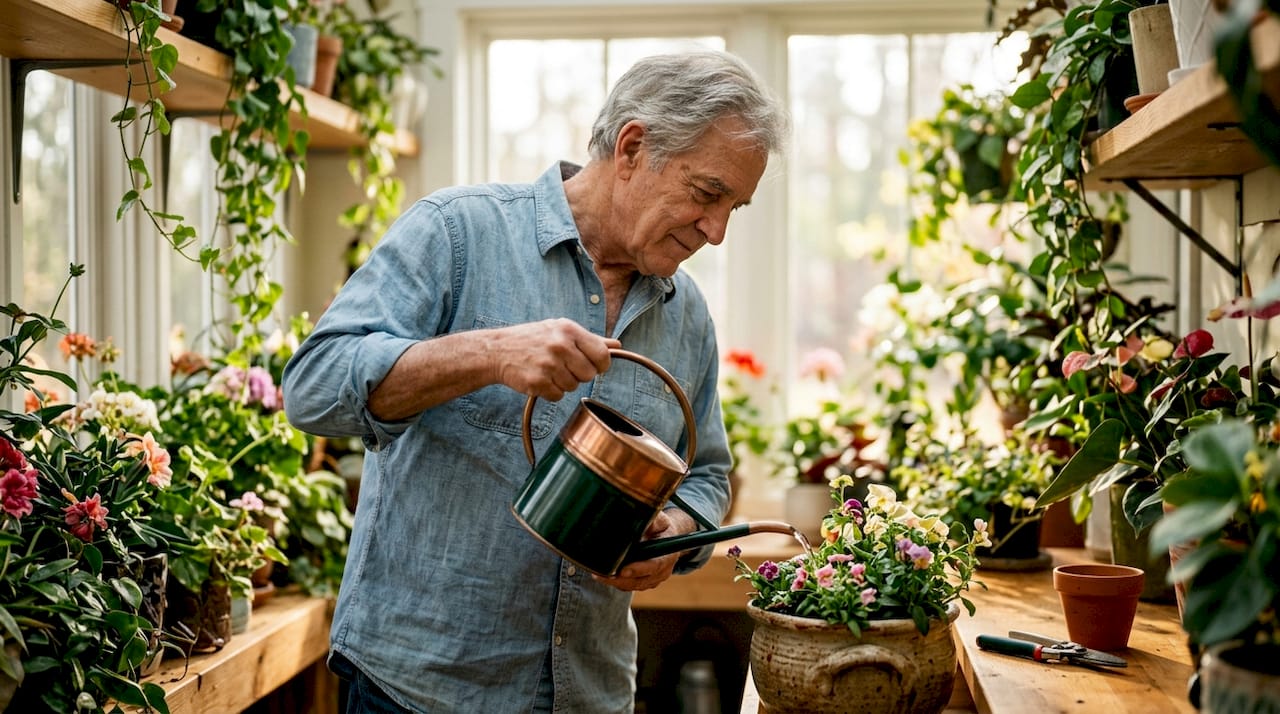Hands checking soil moisture in flowering plant pot