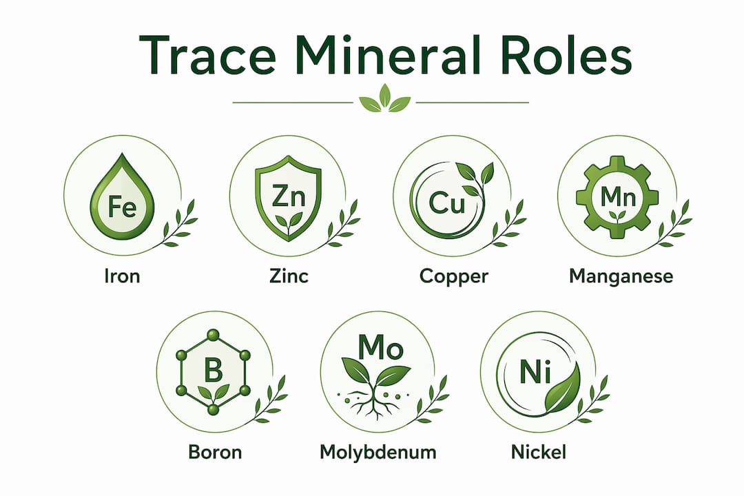 Infographic illustrating key trace mineral roles in plants