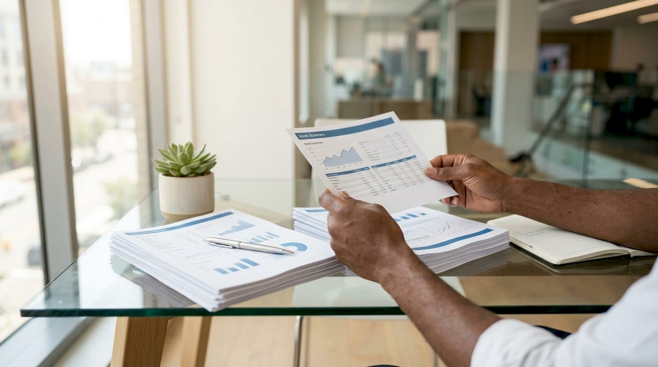 Hands comparing investment reports on wooden table