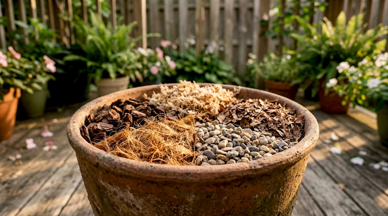 Various mulch types arranged for potting