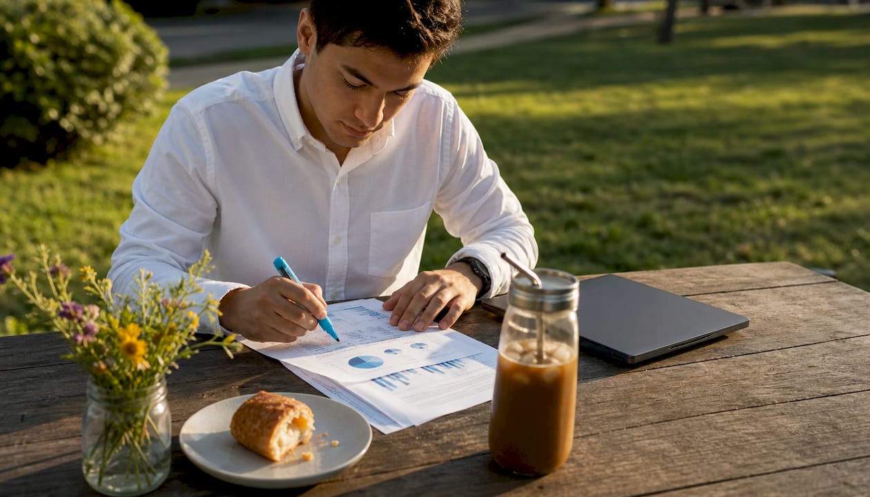 Man highlighting investment charts at cafe table