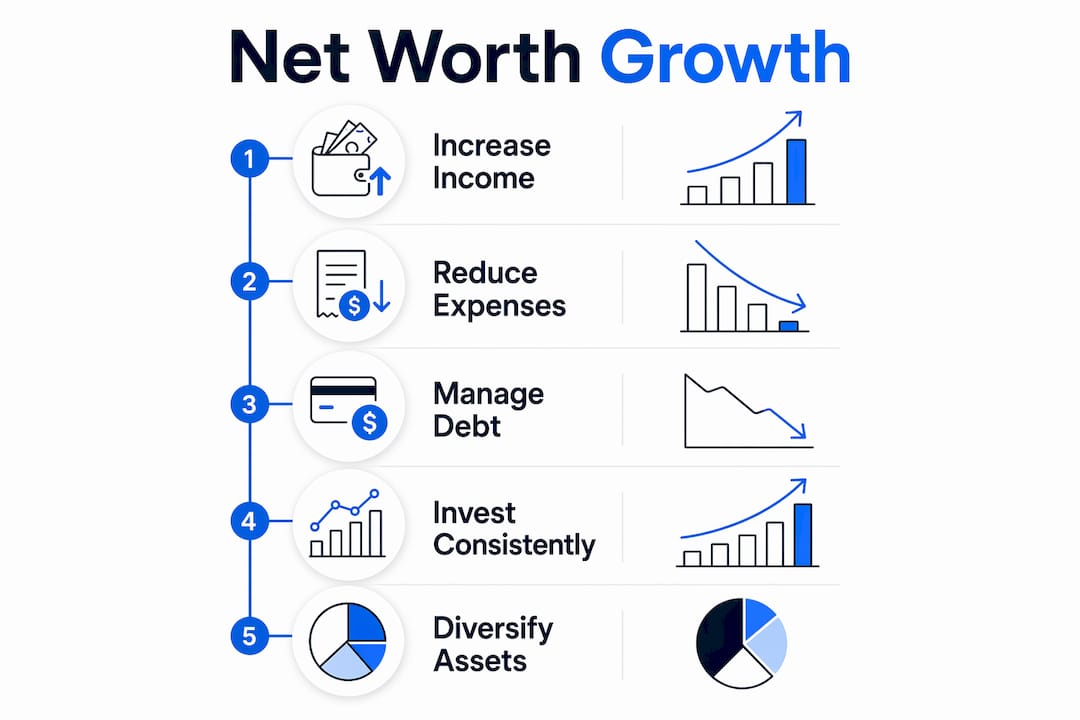 Infographic showing five key steps to increase net worth