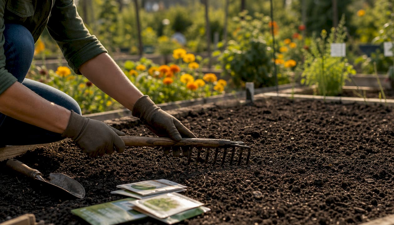Close-up hands preparing soil for seeds