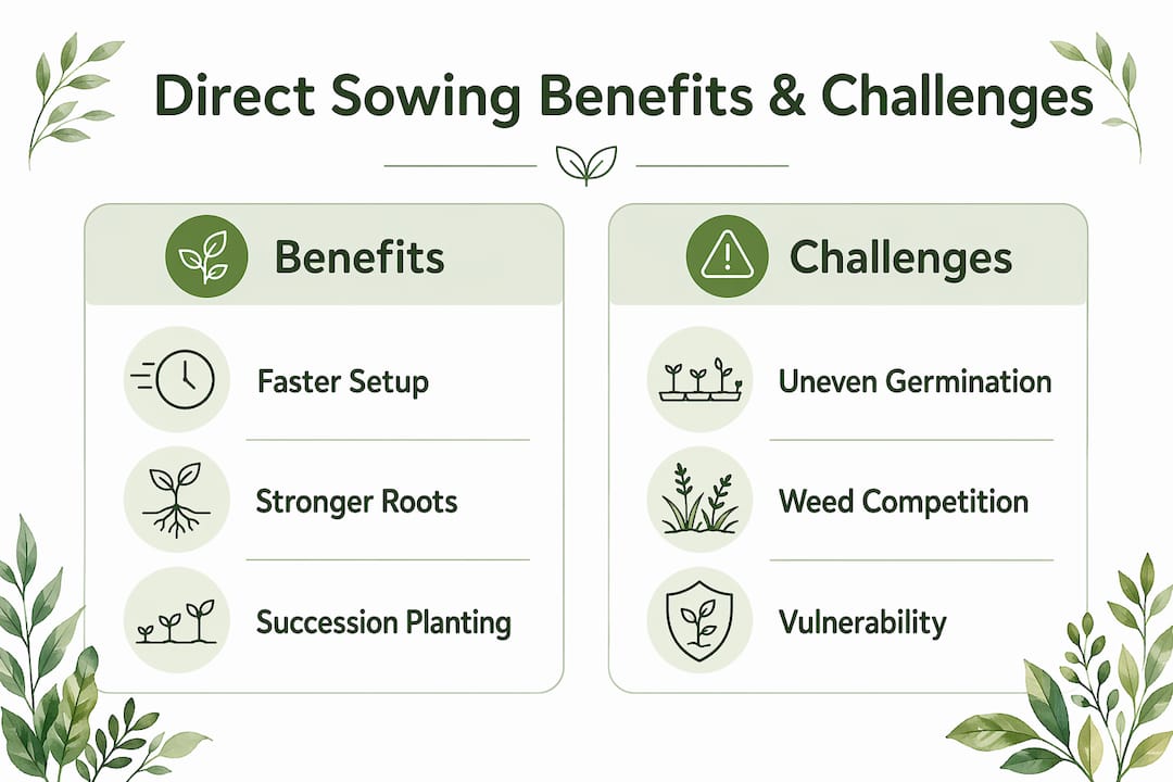 Infographic comparing direct sowing benefits and challenges