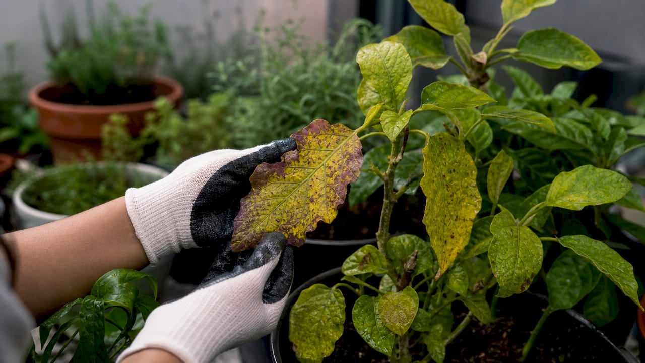 Close-up nutrient deficiency symptoms on plant leaves
