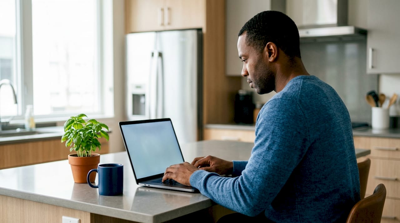 Man scheduling automatic savings on laptop