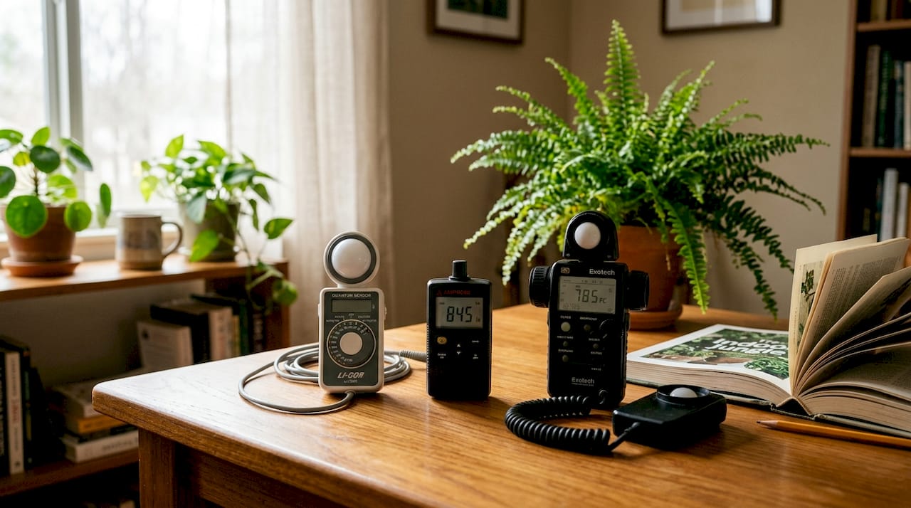 Various light meter types on table