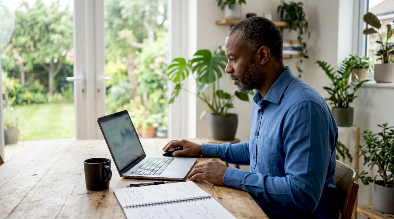 Trader using dual monitors in office