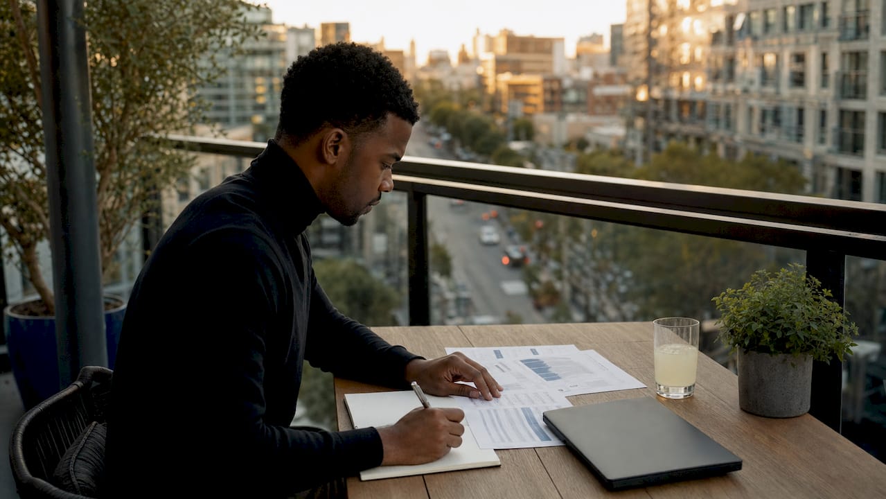 Young investor taking notes on asset allocation