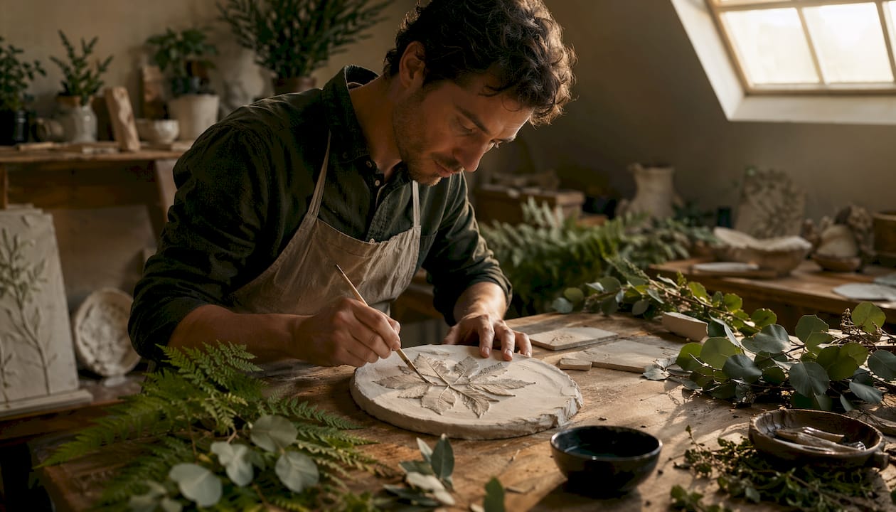 Hands painting botanical plaster casts in studio