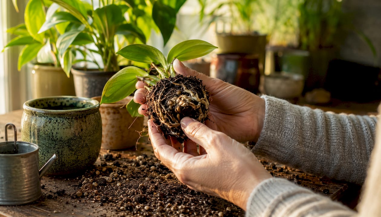 Hands inspecting indoor plant roots with soil close-up