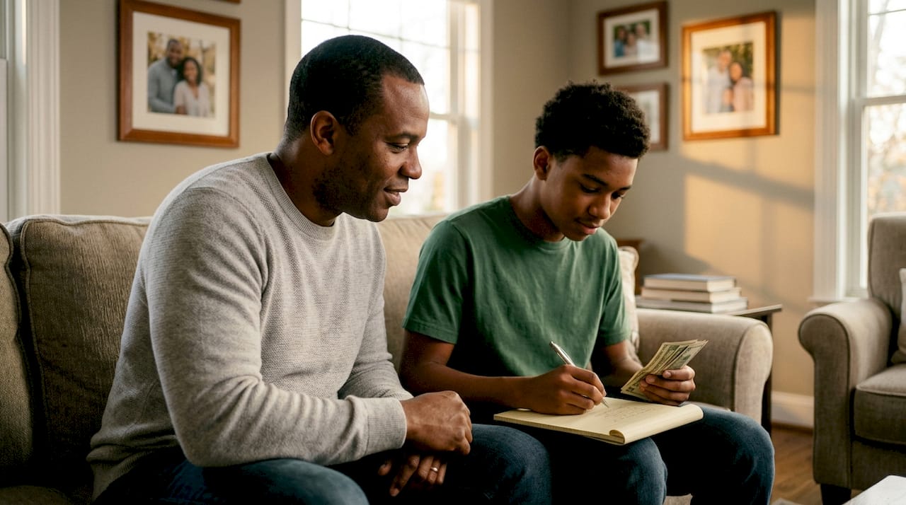 Father watching teen manage money ledger
