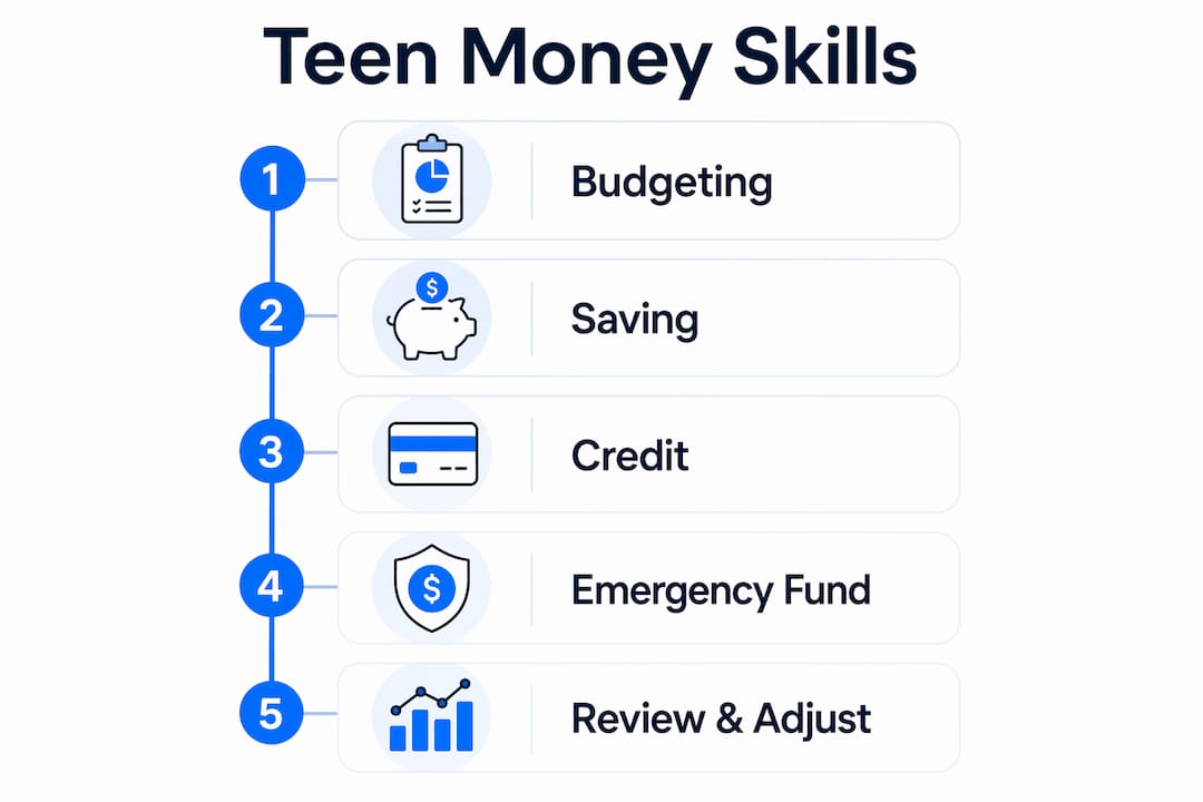 Infographic showing five key teen money management steps
