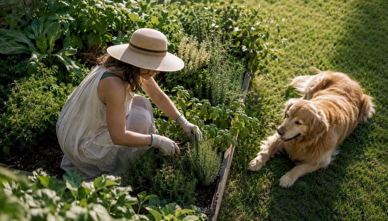 Woman pruning pet-safe herb garden border