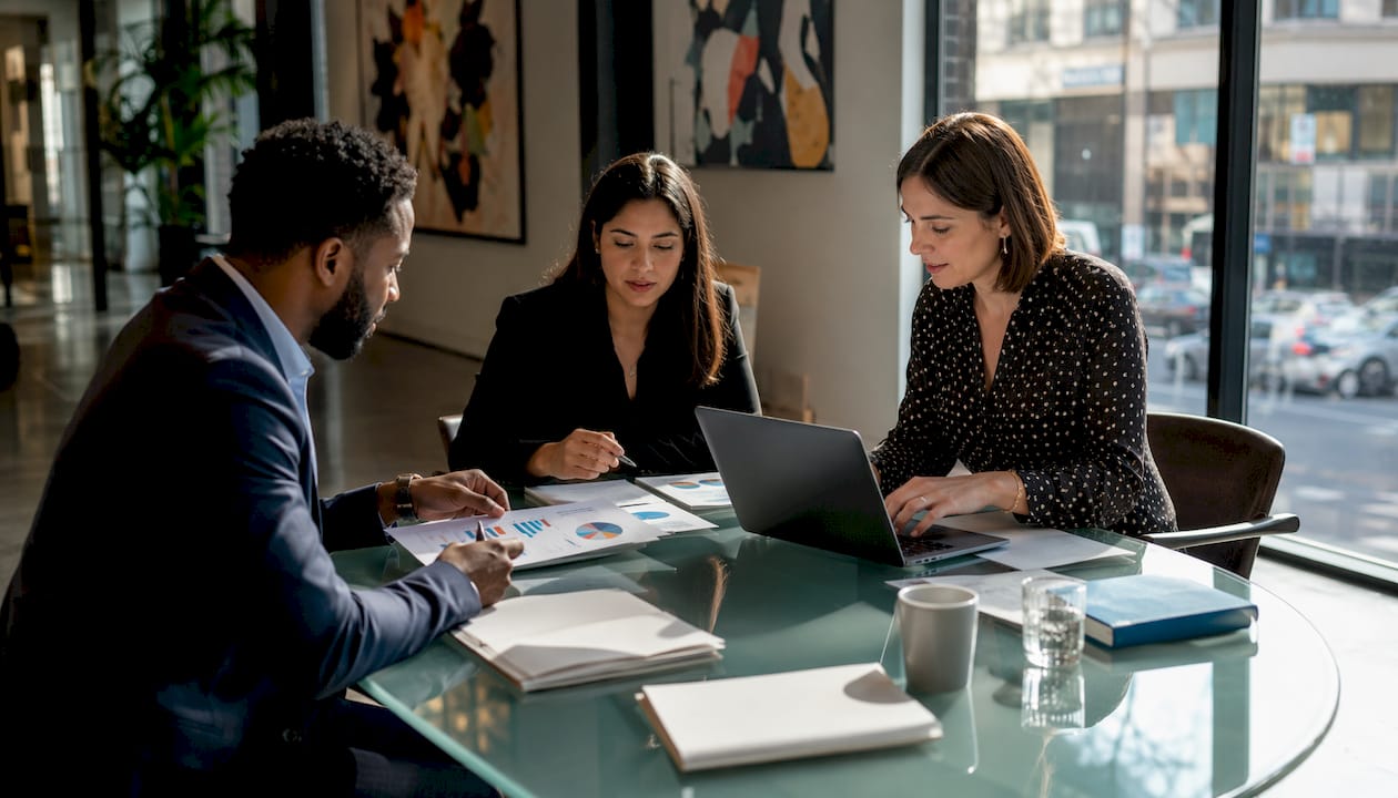 Financial advisors collaborating in office