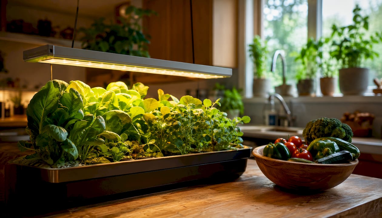 Overhead grow lights positioned above indoor plants