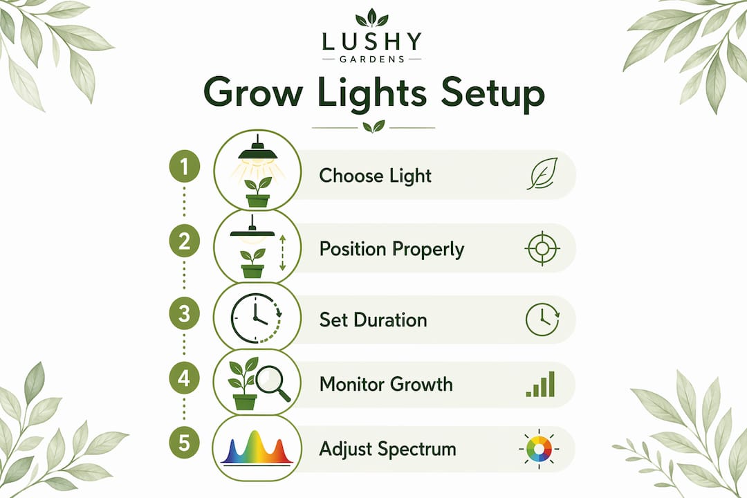 Infographic showing grow lights setup steps