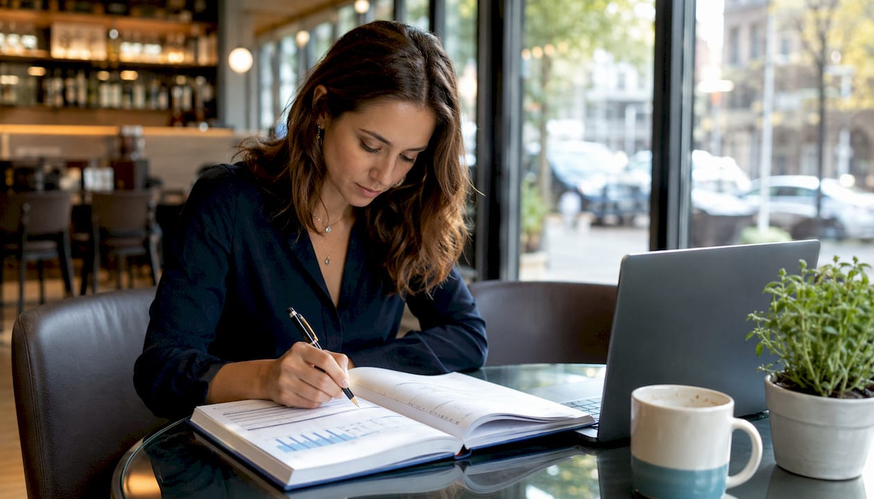 Hands filling financial planning workbook