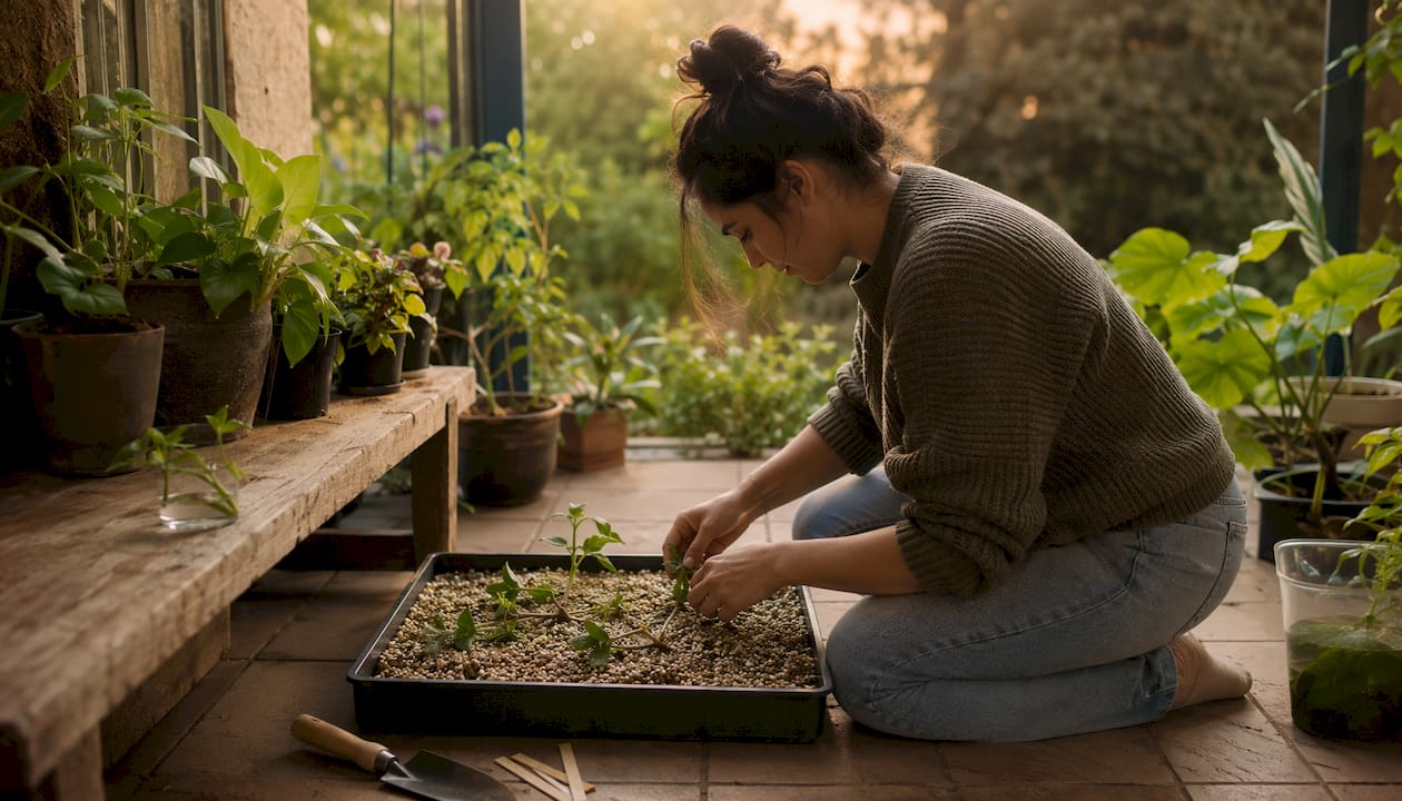 Hands rooting cuttings in vermiculite