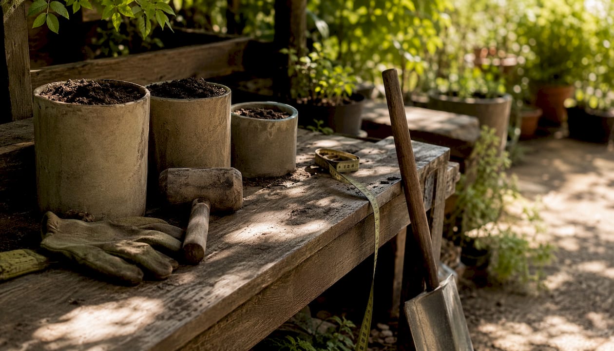 Tools and cedar materials on workbench