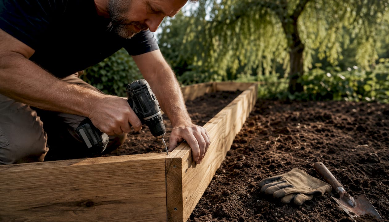 Hands assembling cedar garden bed frame