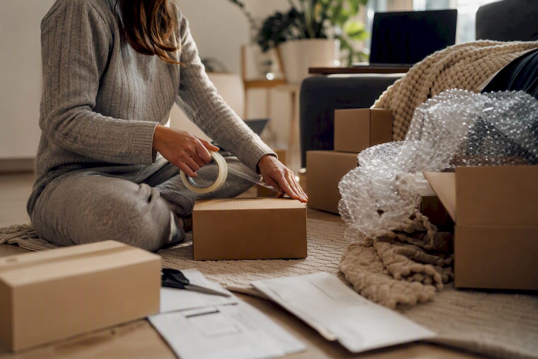 Person packing side income parcel at home