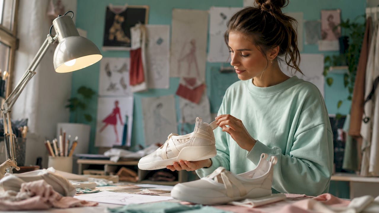 Egy kéz egy karcsú sneaker prototípust tart egy műhelyben.