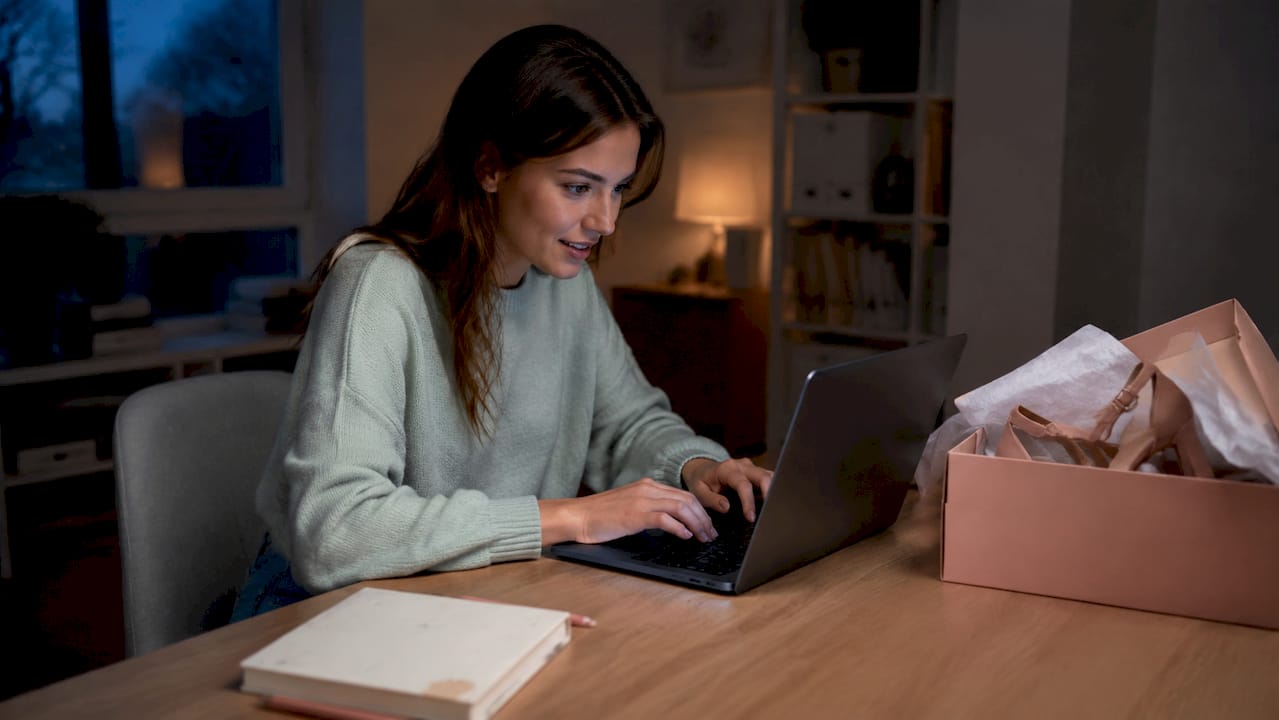 Egy nő a laptopjánál ül, mellette egy pár cipő – online vásárlás elállási joggal.